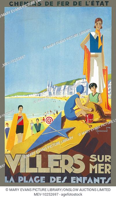 Travel poster from national railways for the French seaside resort of Villers-sur-Mer in northern France on the Channel coast advertising a beach for children...