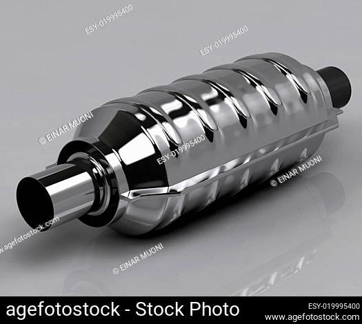 3D of reflecting muffler on grey background