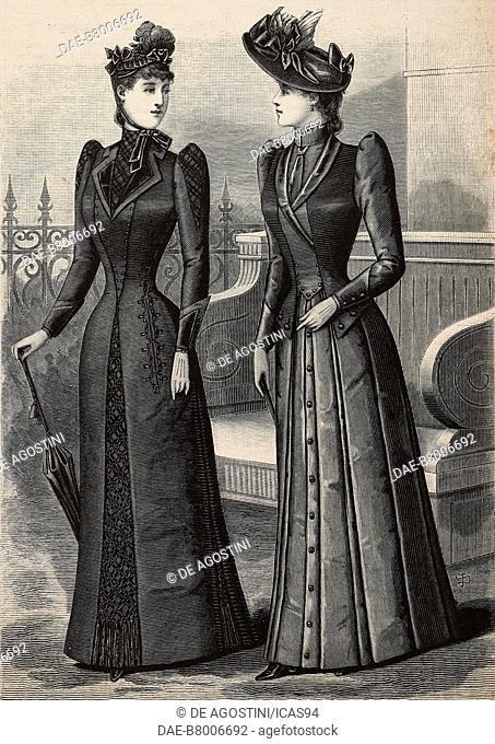 Women wearing a Cheviot wool dress with lace ornaments and a bengaline-vicuna wool dress, creations by Madame Gradoz, engraving from La Mode Illustree, n 11