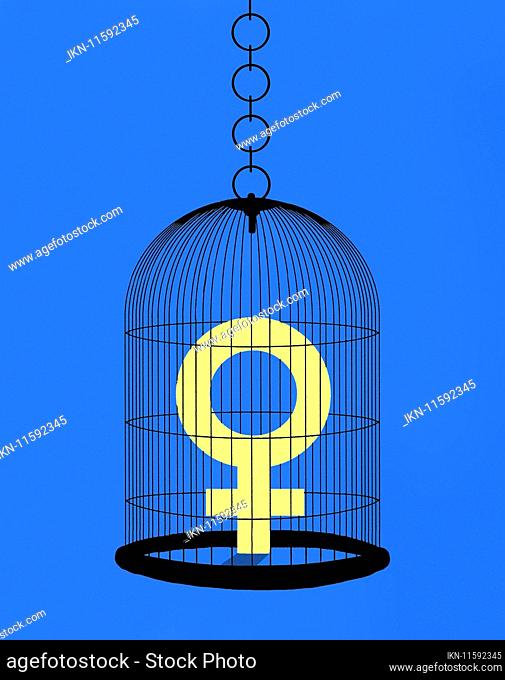 Female gender symbol trapped inside birdcage
