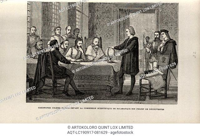 Christophe Colomb expose devant la commission scientifique de Salamanque son projet de découvertes, Christopher Columbus presents his discovery plans in the...