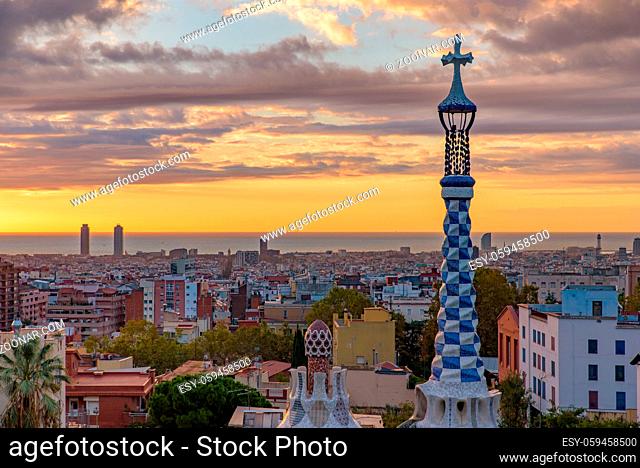 Park Guell at sunrise time in Barcelona, Spain