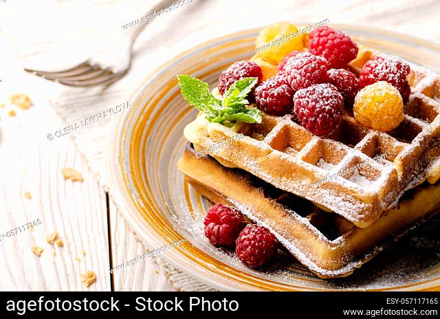Belgian waffles served with raspberries and mint leaf dusted with powdered sugar on white wooden kitchen table
