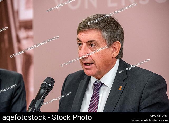 Flemish Minister President Jan Jambon pictured at a press conference at Kunsthalle München in Munich, Germany on Thursday 14 October 2021