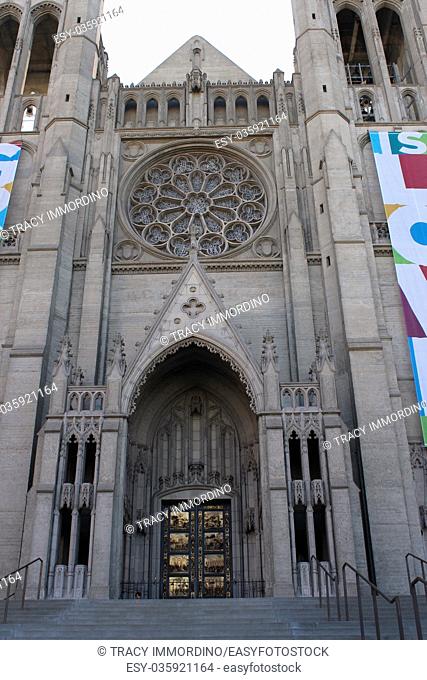 The front entrance of Grace Cathedral Church in Nob Hill, San Francisco, California, USA