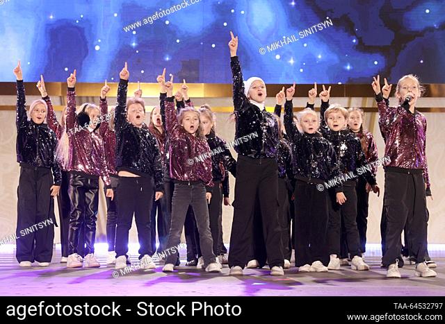 RUSSIA, MOSCOW - NOVEMBER 7, 2023: A Velikan children's choir performs during a concert as the First in Russia - Land of Opportunity exposition opens at VDNKh...