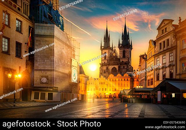 Prague Old Town square illuminated in early morning