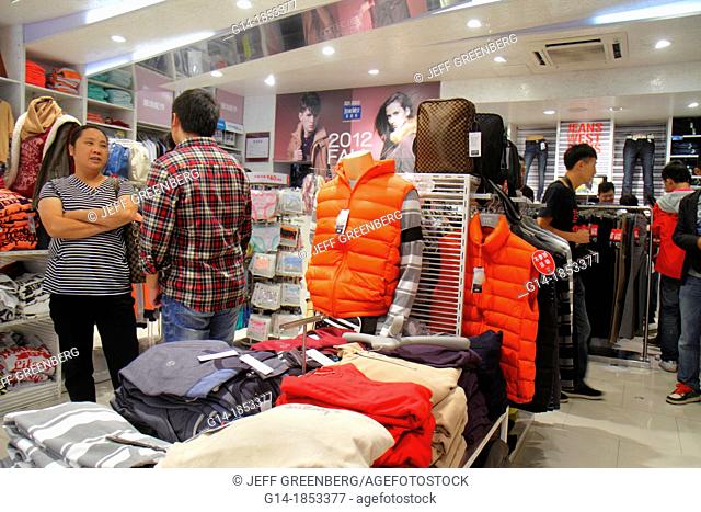 China, Shanghai, Huangpu District, Sichuan Middle Road, Jeanswest, Jeans West, inside, shopping, fashion, clothing, retail display, for sale