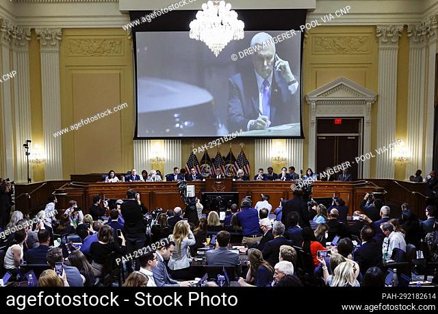 WASHINGTON, DC - JUNE 16: An image of former Vice President Mike Pence on the night of January 6th is displayed during the third hearing of the House Select...