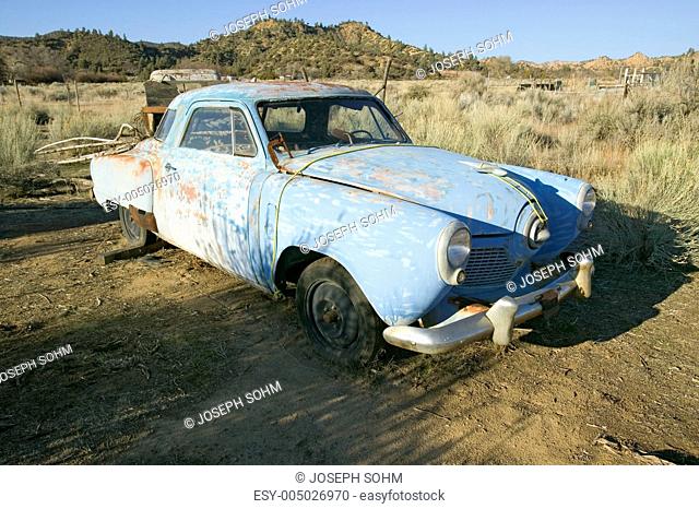 Junk early 50s blue Studebaker deserted in field off highway 33, near Cuyama California