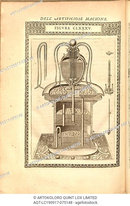 Brunnen (2), How a fountain works in cross section, copperplate engraving, Fig. CLXXXV, after p. 308, 1588, Agostino Ramelli: Le diverse et artificiose machine...
