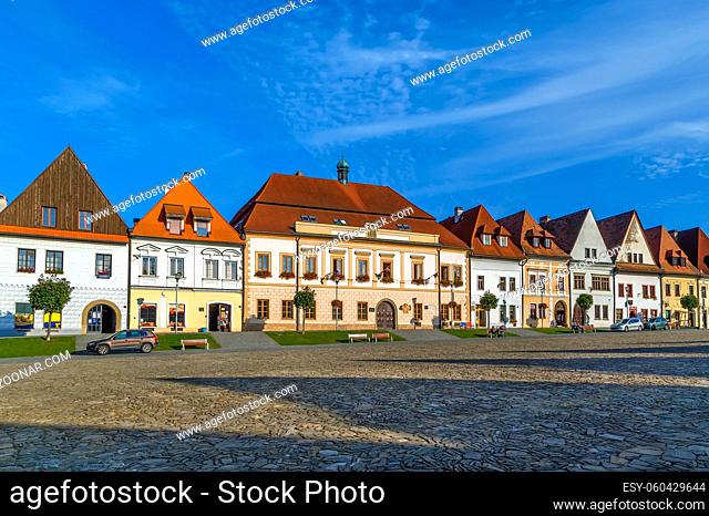Central square surrounded by well-preserved Gothic and Renaissance houses in Bordejov, Slovakia