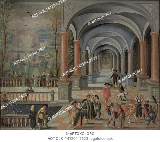 Festive Gathering and Figures from a Commedia dell'Arte in a Gallery, Monogrammist DB, 1634