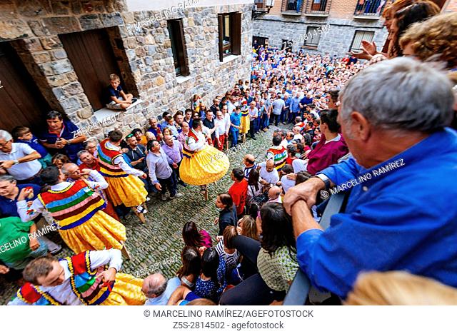 Slope of the dancers. Famous folkloric traditional celebration called the Danza de los Zancos, Stilt Dance. Anguiano, La Rioja, Spain, Europe