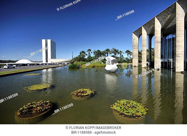 Congresso Nacional Congress building, left, and Itamaraty Palace, the Ministry of Foreign Affairs, right, designed by the architect Oscar Niemeyer, Brasilia
