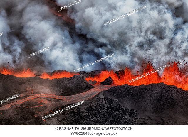 Lava and plumes from the Holuhraun Fissure by the Bardarbunga Volcano, Iceland. August 29, 2014, a fissure eruption started in Holuhraun at the northern end of...
