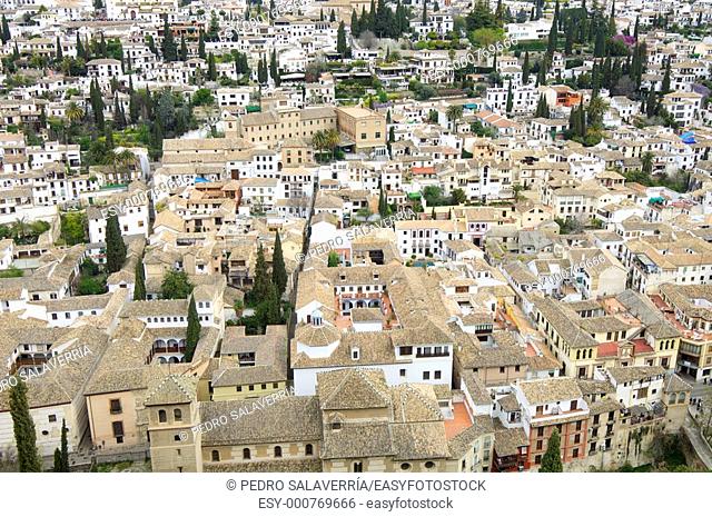 view from above the old town of Granada, Andalusia, Spain