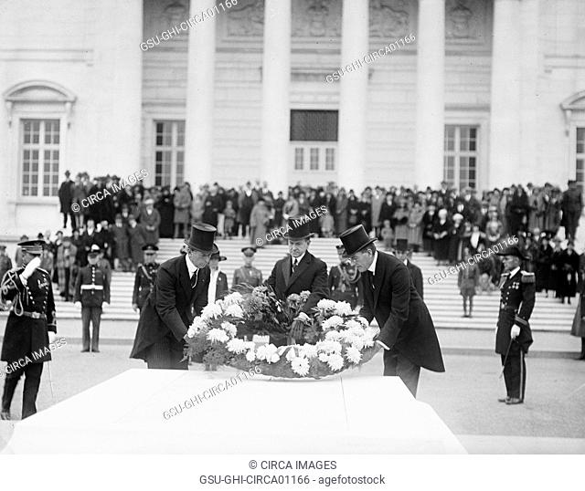 Assistant Secretary of War Dwight Davis, U.S. President Calvin Coolidge and Secretary of the Navy Curtis D. Wilbur Laying Wreath on Tomb of the Unknown Soldier