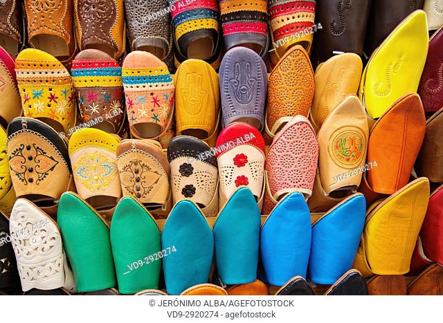 Moroccan Babouches or Leather Slippers shop. Souk Medina of Fez, Fes el Bali. Morocco, Maghreb North Africa