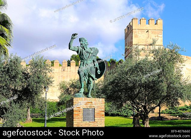 Statue of Ibn Marwán, founder of the city of Badajoz. Muslim Alcazaba. Badajoz. Extremadura. Spain