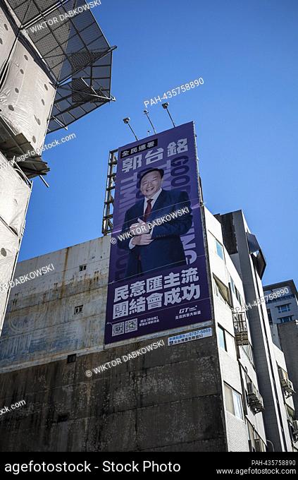 Foxconn founder Terry Gou election banner in Taipei, Taiwan on 22/11/2023 The opposition to the ruling DPP party is trying to field a joint candidate
