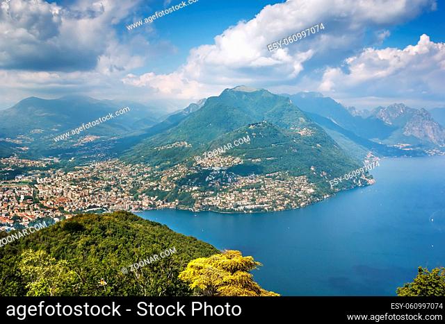 View of Monte Bre mountain Lake Lugano from Monte San Salvatore, Switzerland