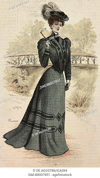 Woman wearing a simple dress in checkered wool, with velours inserts and a hat with feather, creation by Mademoiselle Goery