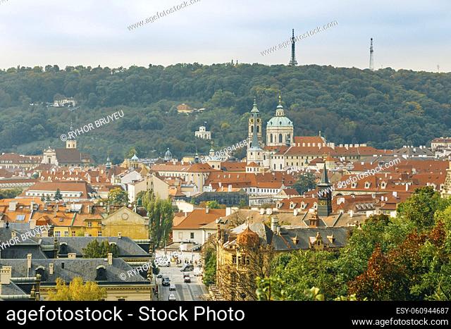 Aerial view of cityscape and St. Nicholas Church in Prague, Czech Republic