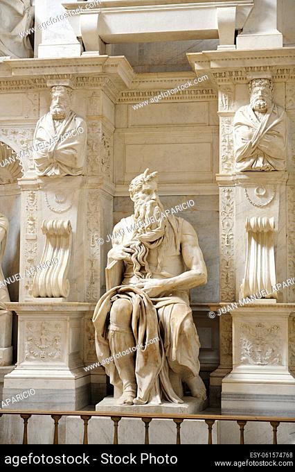 Michelangelo's sculpture of Moses by Michelangelo Buonarroti, receiving the Tablet of Stone that was originally designed as part of the tomb of Julius II San...