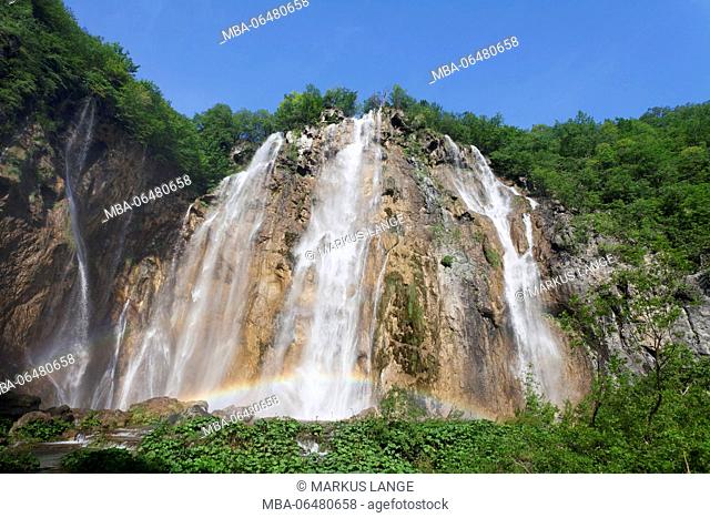 Rainbow at a waterfall, Veliki Slap, national park Plitvicer lakes, UNESCO world nature heir, Croatia