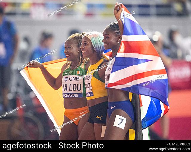 left to right Marie-JosÃ © e Ta Lou (CIV / 3rd place), winner Shelly-Ann FRASER-PRYCE (JAM / 1st place), Dina ASHER-SMITH (GBR / 2nd place)