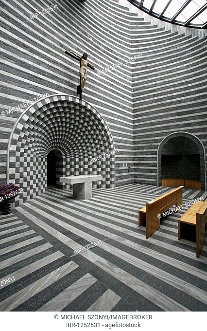 The granite church designed by star architect Mario Botta in Mogno, Valle Maggia, Ticino, Switzerland, Europe