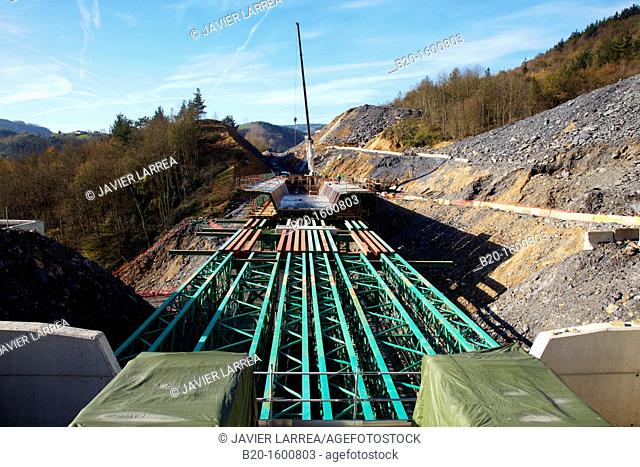 Construction of viaduct, Works of the new railway platform in the Basque Country, High-speed train  'Basque Y'  Legorreta, Ikaztegieta, Gipuzkoa, Basque Country