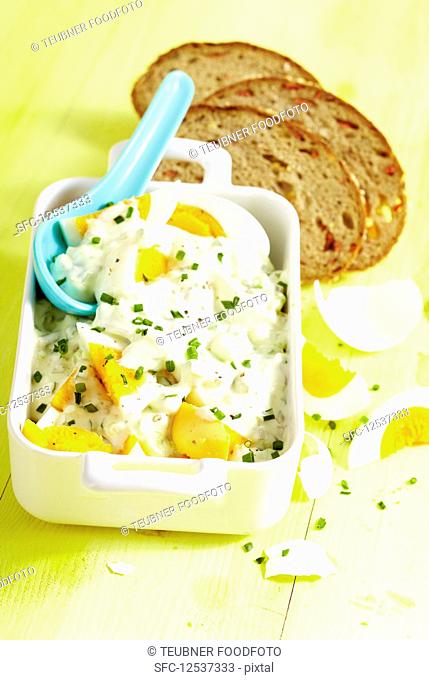 Egg salad with cucumber and chives served with sliced tomato bread