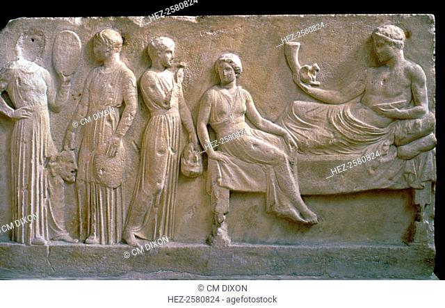 Greek votive relief from Piraeus of actors holding their masks to make offerings to Dionysus, from the National Archaeological Museum in Athens