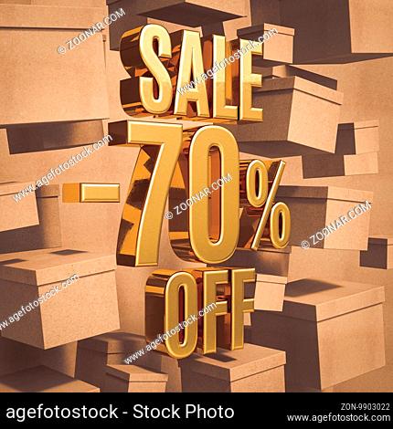 Gold 70 Percent Off Discount 3d Sign with Packaging Boxes Sale Banner Template, Special Offer 70% Off Discount Tag, Golden Sale Sticker, Gold Sale Symbol