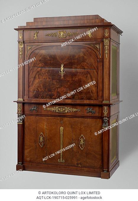 Salon cylinder organ in the form of a secretary, of oak and mahogany (the flaps of flower plate), the side pockets covered with green boring flaps