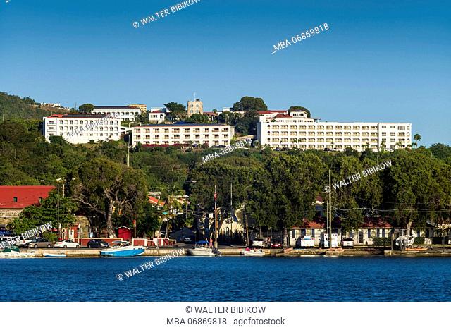 U.S. Virgin Islands, St. Thomas, Charlotte Amalie, Bluebeards Castle Hotel, dusk