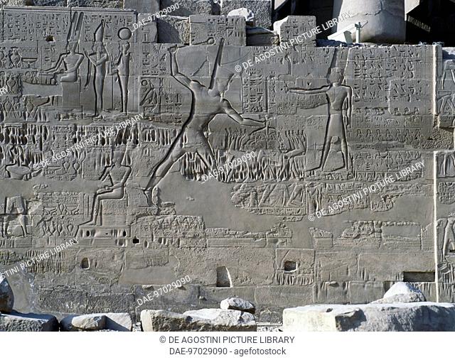 Seti I's campaigns in Syria and Palestine, relief, north exterior wall of the Great Hypostyle Hall, Karnak temple complex (Unesco World Heritage List, 1979)