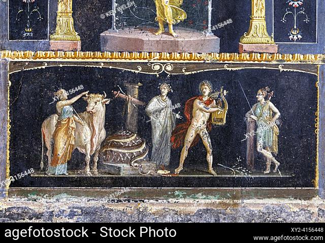 Pompeii Archaeological Site, Campania, Italy. Fresco illustrating the story from Greek mythology of Apollo and Diana after the killing of the Python