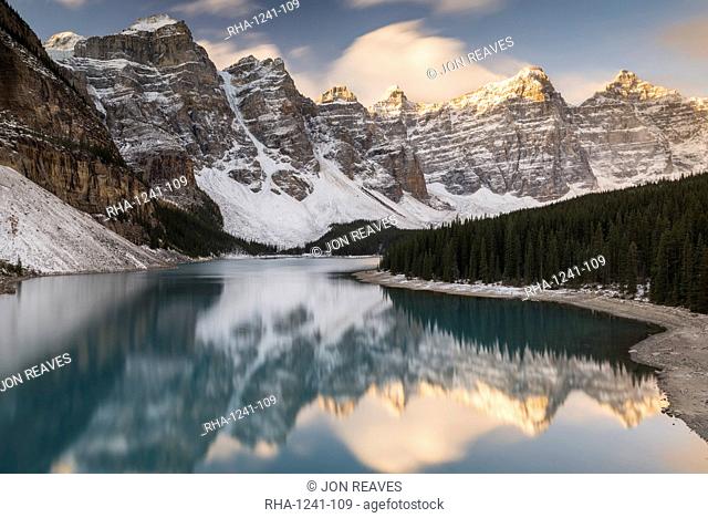 Mountains reflected in Moraine Lake, Banff National Park, UNESCO World Heritage Site, Alberta, The Rockies, Canada, North America