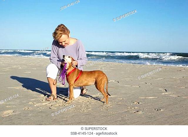 Senior woman on the beach with a dog, Far Rockaway, Queens, New York City, New York State, USA