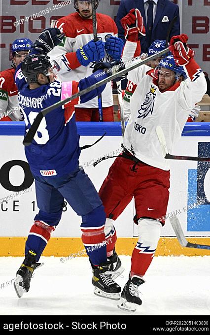 L-R Ben O’Connor (GBR) and Dominik Simon (CZE) in action during the 2022 IIHF Ice Hockey World Championship, Group B match Czech Republic vs Great Britain