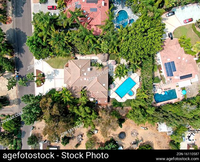 Aerial view of large-scale wealthy residential villas with swimming pool, Encinitas, California, USA