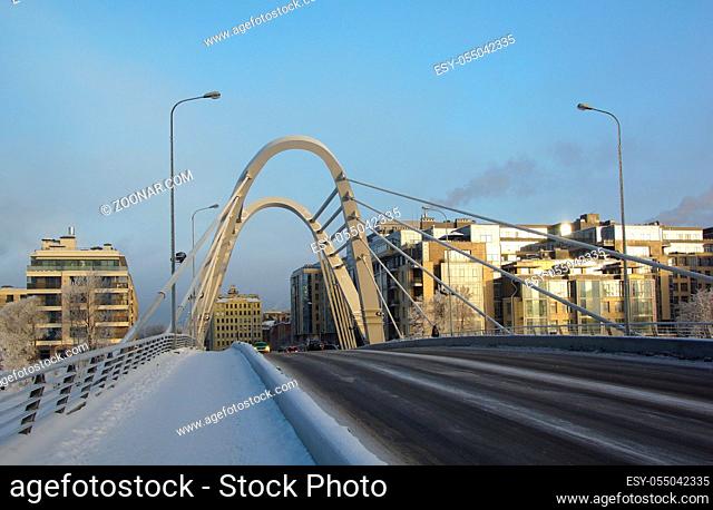 Winter frosty morning and Lazarevsky bridge in St. Petersburg, Cable-stayed bridge