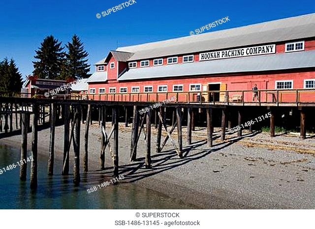 Pier with a museum in the background, Glacier Bay, Cannery Museum, Icy Strait Point, Hoonah City, Chichagof Island, Alaska, USA