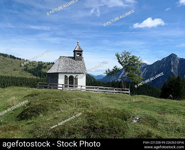 01 September 2023, Austria, Strobl: The historic Postalm Chapel stands at an altitude of 1284 meters on the Postalm in the Salzkammergut in Austria
