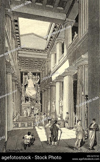 Temple of Zeus with the statue of Zeus in Olympia. Greece ancient history. Old engraving illustration from the book Universal history by Oscar Jager 1890