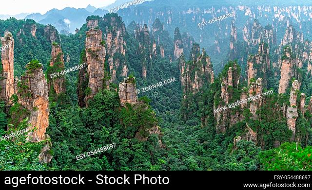 Panoramic view of the stone pillars of Tianzi mountains in Zhangjiajie National park which is a famous tourist attraction, Wulingyuan, Hunan Province, China
