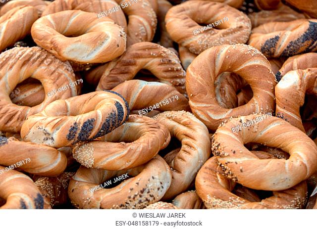 Traditional Cracovian prezels with salt, poppy and sesame seeds